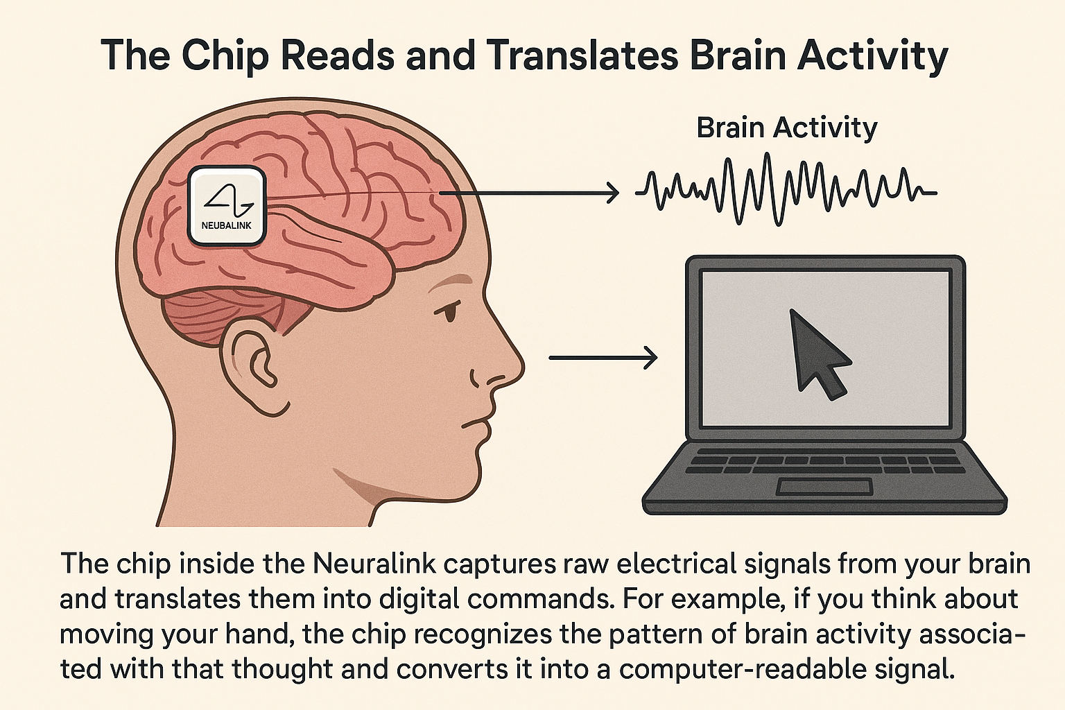 Neuralink chip processing brain signals and translating them into digital data